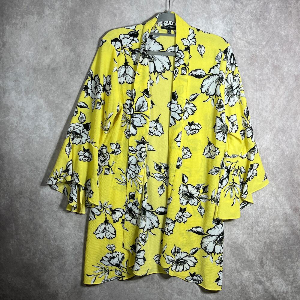 Slinky Brand Kimono Top Womens Large Yellow White Floral Shawl Collar Open Front